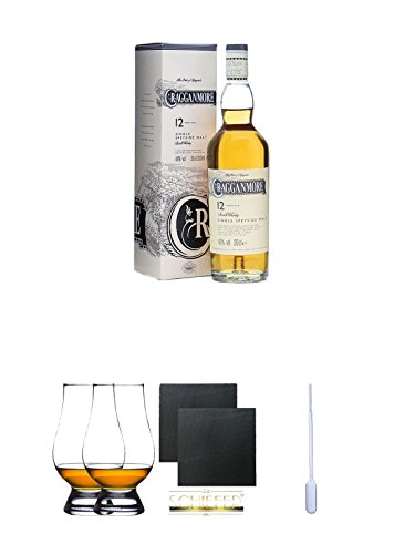 Cragganmore 12 Jahre Single Malt Whisky 0,2 Liter + The Glencairn Glass Whisky Glas Stölzle 2 Stück + Schiefer Glasuntersetzer eckig ca. 9,5 cm Ø 2 Stück + Einweg-Pipette 1 Stück von Unbekannt