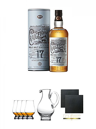 Craigellachie 17 Years Old Highland Single Malt 0,7 Liter + Glencairn Glas Whiskyglas Stölzle 4 Stück + Wasserkrug Half Pint Serie The Glencairn Glass Stölzle + Schiefer Glasuntersetzer eckig ca. 9,5 cm Ø 2 Stück von Unbekannt