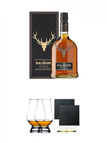 Dalmore 12 Jahre The Twelve Single Malt Whisky 0,7 Liter + The Glencairn Glass Whisky Glas Stölzle 2 Stück + Schiefer Glasuntersetzer eckig ca. 9,5 cm Ø 2 Stück von Unbekannt