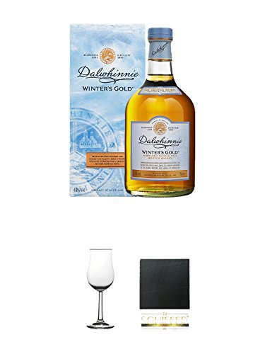 Dalwhinnie Winters Gold Whisky 0,7 Liter + Whisky Nosing Gläser Kelchglas Bugatti mit Eichstrich 2cl und 4cl 1 Stück + Schiefer Glasuntersetzer eckig ca. 9,5 cm Durchmesser von Unbekannt