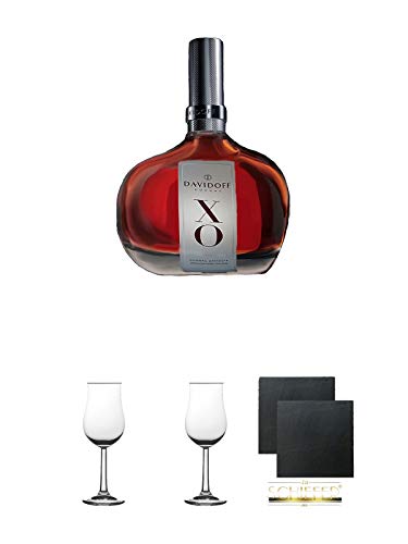 Davidoff XO Cognac 0,7 Liter aus Charente + Nosing Gläser Kelchglas Bugatti mit Eichstrich 2cl und 4cl 1 Stück + Nosing Gläser Kelchglas Bugatti mit Eichstrich 2cl und 4cl 1 Stück + Schiefer Glasuntersetzer eckig ca. 9,5 cm Ø 2 Stück von Unbekannt