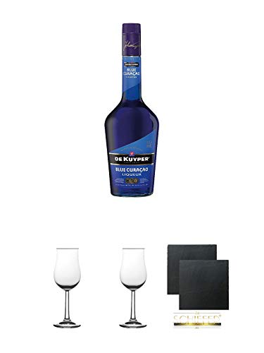 De Kuyper Blue Curacao Likör 0,7 Liter + 2 Bugatti Nosing Gläser mit Eichstrich 2cl und 4 cl + 2 Schiefer Glasuntersetzer eckig ca. 9,5 cm Ø von Unbekannt