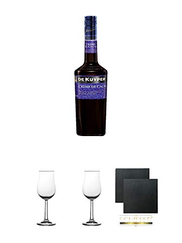 De Kuyper Creme de Cacao braun Likör 0,7 Liter + 2 Bugatti Nosing Gläser mit Eichstrich 2cl und 4 cl + 2 Schiefer Glasuntersetzer eckig ca. 9,5 cm Ø von Diverse