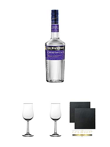 De Kuyper Creme de Cacao weiß Likör 0,7 Liter + 2 Bugatti Nosing Gläser mit Eichstrich 2cl und 4 cl + 2 Schiefer Glasuntersetzer eckig ca. 9,5 cm Ø von Diverse