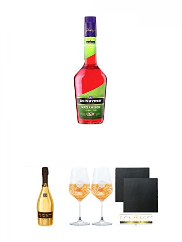 De Kuyper Watermelon Likör 0,7 Liter + Scavi & Ray Oro Momento Gold 0,75 Liter + Miamee Goldwasser Cocktail Gläser mit 5cl Eichstrich 2 Stück + Schiefer Glasuntersetzer eckig ca. 9,5 cm Ø 2 Stück von Unbekannt