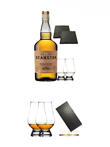 Deanston 12 Jahre Single Malt Whisky 0,7 Liter + 2 Glencairn Gläser + 2 Schiefer Glasuntersetzer 9,5 cm + The Glencairn Glass Whisky Glas Stölzle 2 Stück + Buffet-Platte Servierplatte Schieferplatte aus Schiefer 60 x 30 cm schwarz von Unbekannt
