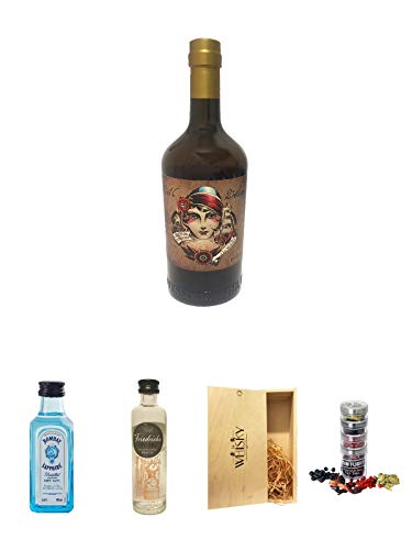 Del Professore Gin a La Madame Edition 0,7 Liter + Bombay Sapphire Gin 5 cl Miniatur + Friedrichs Gin 0,04 Liter Miniatur + 1a Whisky Holzbox für 2 Flaschen mit Schiebedeckel + Gin Flight Gewürze zum Verfeinern von Gin Tonic 1er Pack 1 x 12 Gramm von Unbekannt