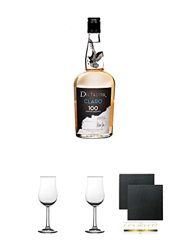 Dictador 100 Month aged Rum Claro 0,7 Liter + 2 Bugatti Nosing Gläser mit Eichstrich 2cl und 4 cl + 2 Schiefer Glasuntersetzer eckig ca. 9,5 cm Ø Dictador 100 Month aged Rum Claro 0,7 Liter + 2 Bugatti Nosing Gläser mit Eichstrich 2cl und 4 cl + 2 Schiefer Glasuntersetzer eckig ca. 9,5 cm Ø von Unbekannt
