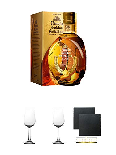 Dimple Golden Selection Blended Scotch Whisky 0,7 Liter + 2 Bugatti Nosing Gläser mit Eichstrich 2cl und 4cl + 2 Schiefer Glasuntersetzer eckig ca. 9,5 cm Ø Dimple Golden Selection Blended Scotch Whisky 0,7 Liter + 2 Bugatti Nosing Gläser mit Eichstrich 2cl und 4cl + 2 Schiefer Glasuntersetzer eckig ca. 9,5 cm Ø von Unbekannt