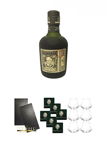 Diplomatico Botucal 12 Jahre Venezuela 0,35 Liter (halbe) + 2er Set Schiefer Servierplatte/Buffetplatte/Käseplatte 30 x 20 x 0,7 cm Natur + Botucal Filzuntersetzer Grün mit Aufdruck 6 Stück + Botucal Rum Gläser 6 Stück von Unbekannt