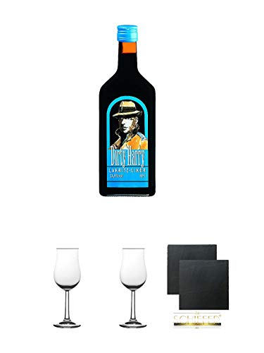 Dirty Harry Lakritz Likör 0,5 Liter + 2 Bugatti Nosing Gläser mit Eichstrich 2cl und 4cl + 2 Schiefer Glasuntersetzer eckig ca. 9,5 cm Ø von Unbekannt