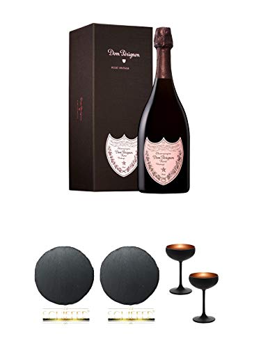 Dom Perignon Champagner ROSE 0,75 Liter + Schiefer Glasuntersetzer RUND ca. 9,5 cm Durchmesser + Schiefer Glasuntersetzer RUND ca. 9,5 cm Durchmesser + Sektschale/Champagnerschale Stölzle 2 Gläser - Olympic Serie MATT-SCHWARZ BRONZE 2739408 von Unbekannt