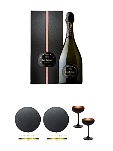 Dom Ruinart Champagner Brut 0,75 Liter + Schiefer Glasuntersetzer RUND ca. 9,5 cm Durchmesser + Schiefer Glasuntersetzer RUND ca. 9,5 cm Durchmesser + Sektschale/Champagnerschale Stölzle 2 Gläser - Olympic Serie MATT-SCHWARZ BRONZE 2739408 von Unbekannt