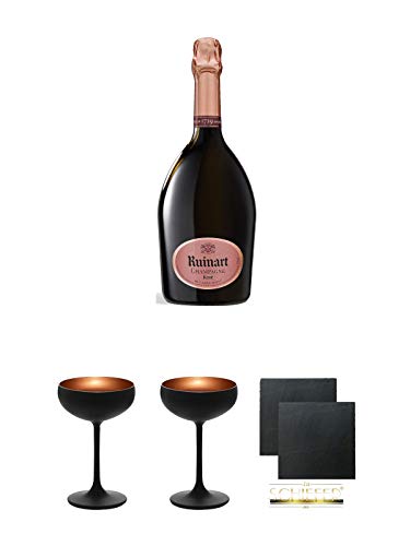 Dom Ruinart Champagner Rose 1,5 Liter Magnum + Sektschale Stölzle 1 Glas - Olympic Serie matt-schwarz BRONZE 2739408 + Sektschale Stölzle 1 Glas - Olympic Serie matt-schwarz BRONZE 2739408 + Schiefer Glasuntersetzer eckig ca. 9,5 cm Ø 2 Stück von Unbekannt