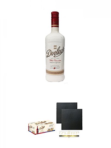Dooleys Likör White Chocolate mit Wodka 0,7 Liter + Dooleys 6 Stück Gläser + Schiefer Glasuntersetzer eckig ca. 9,5 cm Ø 2 Stück von Unbekannt