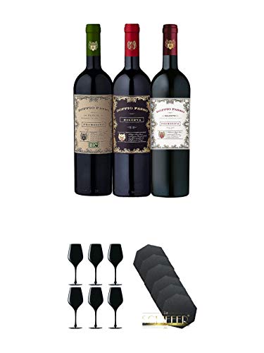 Doppio 3er Probierpaket 1 x Primitivo Salento, 1 x Riserva, 1 x Primitivo Bio + Blind Tastinglas für Wein Exquisit 6 Gläser - 1477402 + Schiefer Glasuntersetzer achteckig 6 x ca. 9,5 cm Durchmesser von Unbekannt