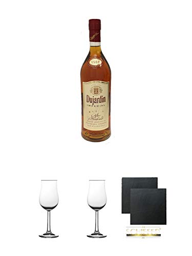 Dujardin Imperial VSOP Weinbrand 36% 0,7 Liter + 2 Bugatti Nosing Gläser mit Eichstrich 2cl und 4cl + 2 Schiefer Glasuntersetzer eckig ca. 9,5 cm Ø von Diverse