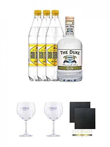 Duke Gin 1 x 0,7 Liter & 3 x Goldberg 1,0 Liter Tonic Set + Citadelle Ballon GIN Glas 1 Stück + Citadelle Ballon GIN Glas 1 Stück + Schiefer Glasuntersetzer eckig ca. 9,5 cm Ø 2 Stück von Unbekannt