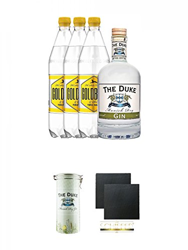 Duke Gin 1 x 0,7 Liter & 3 x Goldberg 1,0 Liter Tonic Set + THE DUKE Geschenkdose passend für Ginflasche 0,7 Liter + Schiefer Glasuntersetzer eckig ca. 9,5 cm Ø 2 Stück von Unbekannt