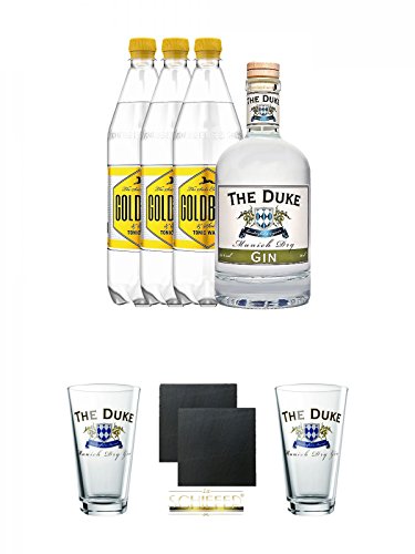 Duke Gin 1 x 0,7 Liter & 3 x Goldberg 1,0 Liter Tonic Set + The Duke Long Drink Glas 0,3 Liter 1 Stück + Schiefer Glasuntersetzer eckig ca. 9,5 cm Ø 2 Stück + The Duke Long Drink Glas 0,3 Liter 1 Stück von Unbekannt