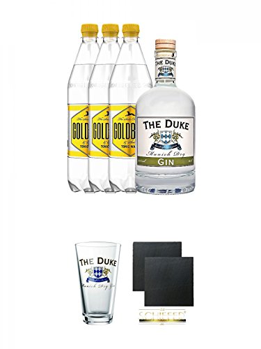 Duke Gin 1 x 0,7 Liter & 3 x Goldberg 1,0 Liter Tonic Set + The Duke Long Drink Glas 0,3 Liter 1 Stück + Schiefer Glasuntersetzer eckig ca. 9,5 cm Ø 2 Stück von Unbekannt