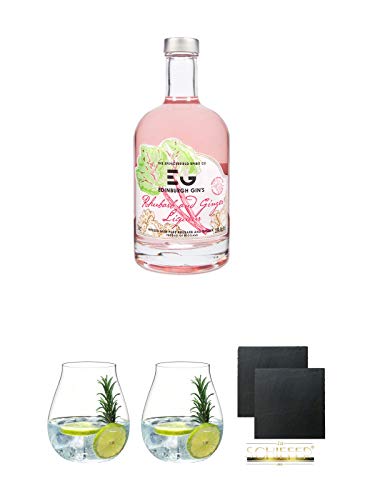 Edinburgh Gin Rhubarb and Ginger Gin Likör 0,5 Liter + Gin Tonic Glas - 5414/67 + Gin Tonic Glas - 5414/67 + Schiefer Glasuntersetzer eckig ca. 9,5 cm Ø 2 Stück von Unbekannt