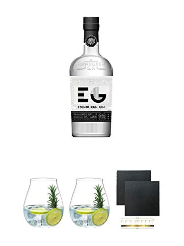 Edinburgh Gin schottischer Gin 0,7 Liter + Gin Tonic Glas - 5414/67 + Gin Tonic Glas - 5414/67 + Schiefer Glasuntersetzer eckig ca. 9,5 cm Ø 2 Stück von Unbekannt