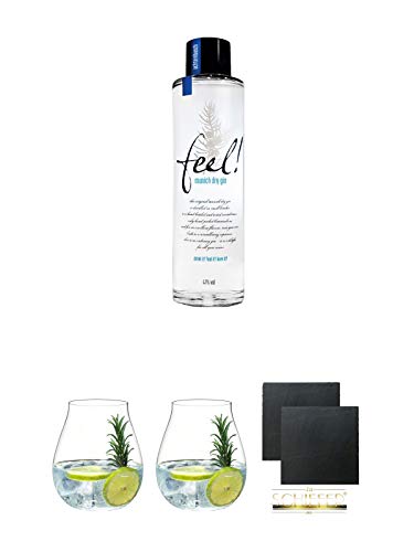 FEEL Gin Munich Dry Gin Deutschland 0,5 Liter (HALBE) + Gin Tonic Glas - 5414/67 + Gin Tonic Glas - 5414/67 + Schiefer Glasuntersetzer eckig ca. 9,5 cm Ø 2 Stück von Unbekannt