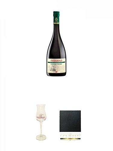 Fassbind Vieille Poire Gereifter Birnenbrand 0,7 Liter + Fassbind Kelchglas Sherrykelch Tulpenform 1 Stück (Ritzenhoff) + Schiefer Glasuntersetzer eckig ca. 9,5 cm Durchmesser von Unbekannt