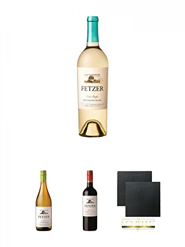 Fetzer Echo Ridge Sauvignon Blanc 0,75 Liter + Fetzer Sundial Chardonnay 0,75 Liter + Fetzer Valley Oaks Cabernet Sauvignon 0,75 Liter + Schiefer Glasuntersetzer eckig ca. 9,5 cm Ø 2 Stück von Unbekannt