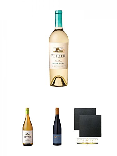 Fetzer Echo Ridge Sauvignon Blanc 0,75 Liter + Fetzer Sundial Chardonnay 0,75 Liter + Weingut Diehl Edition Rot 0,75 Liter + Schiefer Glasuntersetzer eckig ca. 9,5 cm Ø 2 Stück von Unbekannt