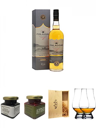 Finlaggan Eilean Mor Small Batch Release Whisky 0,7 Liter + Islay 10 Jahre Single Malt Heidelbeer Marmelade 150g im Glas + Islay 16 Jahre Single Malt Himbeer Marmelade 150g im Glas + 1a Whisky Holzbox für 2 Flaschen mit Schiebedeckel + The Glencairn Glass von Unbekannt