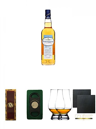 Finlaggan The Original Peaty Islay Single Malt Whisky + BrickHouse Streichhölzer + Craftsman's Bench Zigarrencutter + The Glencairn Glass Whisky Glas Stölzle 2 Stück + Schiefer Glasuntersetzer eckig ca. 9,5 cm Ø 2 Stück von Unbekannt