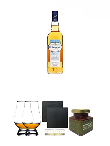 Finlaggan The Original Peaty Islay Single Malt Whisky + The Glencairn Glass Whisky Glas Stölzle 2 Stück + Schiefer Glasuntersetzer eckig ca. 9,5 cm Ø 2 Stück + Islay 16 Jahre Single Malt Himbeer Marmelade 150g im Glas von Unbekannt