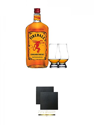 Fireball Whisky Zimt Likör Kanada 0,7 Liter + 2 Glencairn Gläser + Schiefer Glasuntersetzer eckig ca. 9,5 cm Ø 2 Stück von Unbekannt