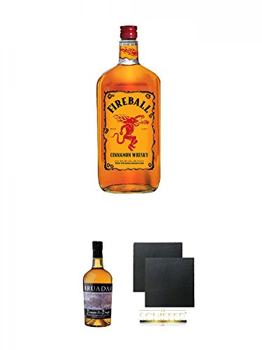 Fireball Whisky Zimt Likör Kanada 0,7 Liter + Bruadar Whisky Malt Whisky Liköre 0,7 Liter + Schiefer Glasuntersetzer eckig ca. 9,5 cm Ø 2 Stück von Unbekannt