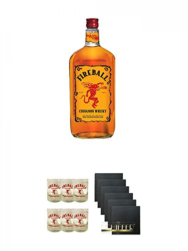 Fireball Whisky Zimt Likör Kanada 0,7 Liter + Fireball Gläser mit Schriftzug 6 Stück + Schiefer Glasuntersetzer eckig 6 x ca. 9,5 cm Durchmesser von Unbekannt