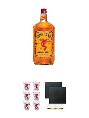 Fireball Whisky Zimt Likör Kanada 0,7 Liter + Fireball SHOT Gläser mit Schriftzug 6 Stück + Schiefer Glasuntersetzer eckig ca. 9,5 cm Ø 2 Stück von Unbekannt
