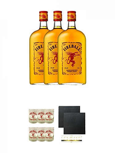 Fireball Whisky Zimt Likör Kanada 3 x 0,7 Liter + Fireball Gläser mit Schriftzug 6 Stück + Schiefer Glasuntersetzer eckig ca. 9,5 cm Ø 2 Stück von Unbekannt