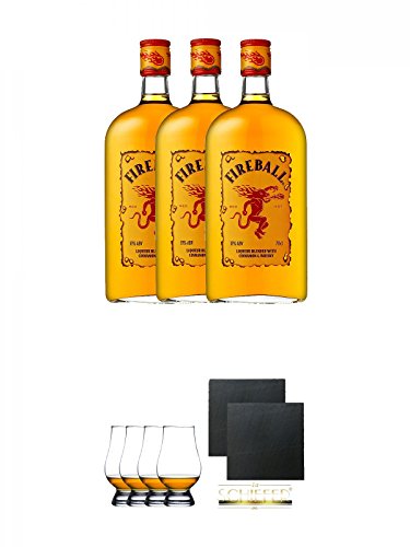 Fireball Whisky Zimt Likör Kanada 3 x 0,7 Liter + Glencairn Glas Whiskyglas Stölzle 4 Stück + Schiefer Glasuntersetzer eckig ca. 9,5 cm Ø 2 Stück von Unbekannt
