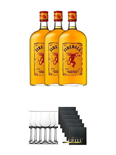 Fireball Whisky Zimt Likör Kanada 3 x 0,7 Liter + Whisky Nosing Gläser Kelchglas Bugatti mit Eichstrich 2cl und 4cl 6 Stück + Schiefer Glasuntersetzer eckig 6 x ca. 9,5 cm Durchmesser von Unbekannt