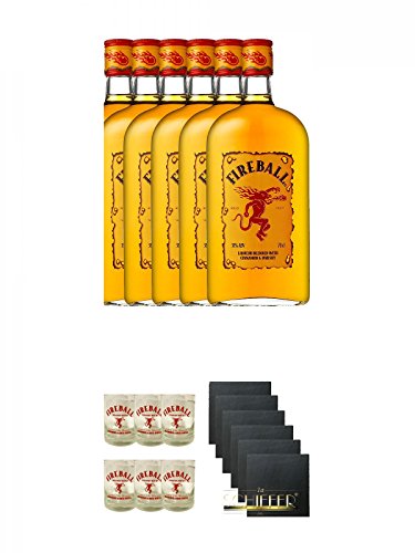 Fireball Whisky Zimt Likör Kanada 6 x 0,7 Liter + Fireball Gläser mit Schriftzug 6 Stück + Schiefer Glasuntersetzer eckig 6 x ca. 9,5 cm Durchmesser von Unbekannt