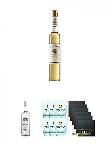 Freihof Haselnuss Likör aus den Alpen 0,5 Liter + Freihof 1885 Haselnuss Geist 1,0 Liter + Freihofs WILLI Shot Glas 4cl 6 Stück + Schiefer Glasuntersetzer eckig 6 x ca. 9,5 cm Durchmesser von Unbekannt