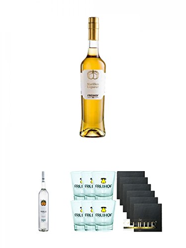 Freihof Marillen Likör aus den Alpen 0,5 Liter + Freihof 1885 Marillen Schnaps 0,5 Liter + Freihofs WILLI Shot Glas 4cl 6 Stück + Schiefer Glasuntersetzer eckig 6 x ca. 9,5 cm Durchmesser von Unbekannt