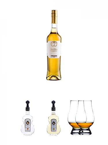 Freihof Marillen Likör aus den Alpen 0,5 Liter + Nannerl Marillenschnaps 38% in Geigenform 0,5 Liter + Nannerl Williamsbirnen - Likör 20% in Geigenform 0,5 Liter + The Glencairn Glas Stölzle 2 Stück von Unbekannt
