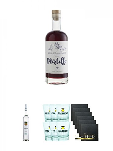Freihof Mirtillo Likör aus den Alpen 0,7 Liter + Freihof 1885 Haselnuss Geist 0,5 Liter + Freihofs WILLI Shot Glas 4cl 6 Stück + Schiefer Glasuntersetzer eckig 6 x ca. 9,5 cm Durchmesser von Unbekannt