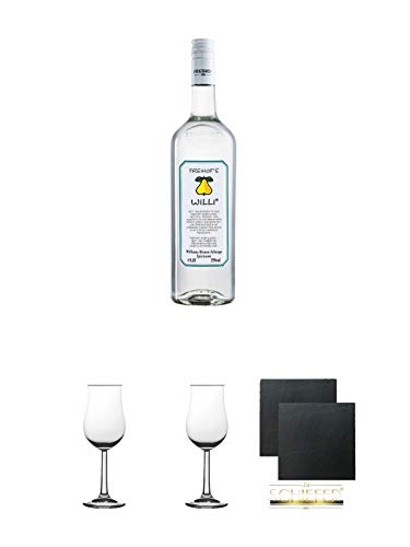 Freihofs WILLI Williams Birnen Schnaps 35 % 1,0 Liter + Nosing Gläser Kelchglas Bugatti mit Eichstrich 2cl und 4cl 1 Stück + Nosing Gläser Kelchglas Bugatti mit Eichstrich 2cl und 4cl 1 Stück + Schiefer Glasuntersetzer eckig ca. 9,5 cm Ø 2 Stück von Unbekannt