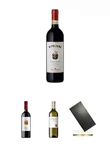 Frescobaldi Nipozzano Chianti Rufina DOCG 0,75 Liter + Teruzzi & Puthod Peperino Rossi Toscana IGT 0,75 Liter + Teruzzi & Puthod Vernaccia di San Gimignano DOCG 0,75 Liter + Buffet-Platte Servierplatte Schieferplatte aus Schiefer 60 x 30 cm schwarz von Unbekannt