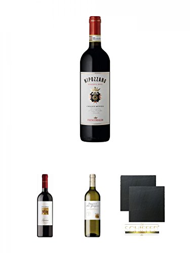 Frescobaldi Nipozzano Chianti Rufina DOCG 0,75 Liter + Teruzzi & Puthod Peperino Rossi Toscana IGT 0,75 Liter + Teruzzi & Puthod Vernaccia di San Gimignano DOCG 0,75 Liter + Schiefer Glasuntersetzer eckig ca. 9,5 cm Ø 2 Stück von Unbekannt