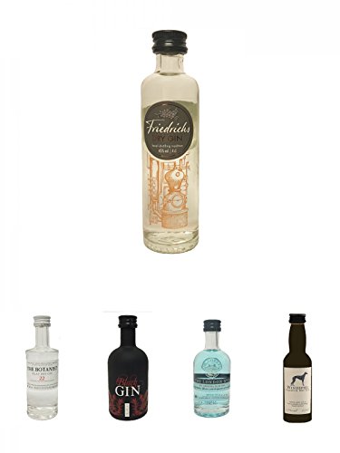 Friedrichs Gin 0,04 Liter Miniatur + The Botanist Islay Dry Gin 0,05 Liter Miniatur + Gansloser Black Gin Distillers Cut Deutschland 0,05 Liter Miniatur + The London No. 1 Gin 5 cl Miniatur + Windspiel Premium Dry Gin Deutschland Miniatur 0,04 Liter von Unbekannt